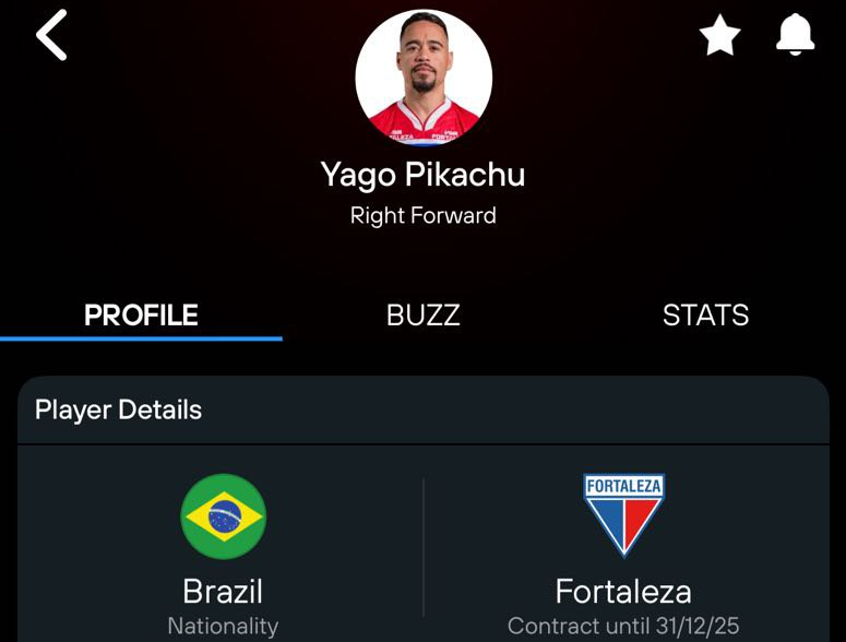 Yago Pikachu profile card in 365Scores