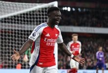LONDON, ENGLAND - APRIL 01: Bukayo Saka of Arsenal celebrates after scoring during the Premier League match between Arsenal FC and Fulham FC at Emirates Stadium on April 01, 2025 in London, England.